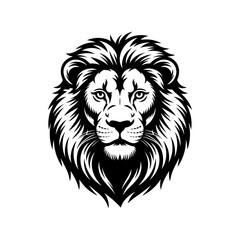 Fototapeta premium Majestic lion head mascot logo, black and white lion face illustration, powerful predator animal portrait, minimalist king lion vector graphic