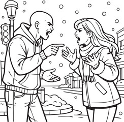 Funny business illustration of a man and woman sharing a gag at work while their family and child enjoy a humorous vector cartoon