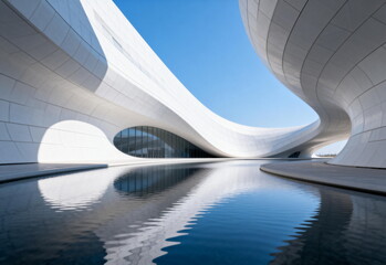 Modern Curved Architectural Building Reflecting in Water