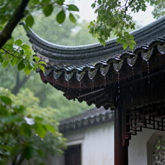 Traditional Chinese Architecture with Rainy Day