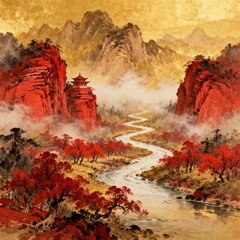 Traditional Chinese Landscape with Red Mountains and Pagoda