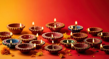Indian Diwali Lamp Arrangement on Orange and Red Background &mdash; Religious Ceremony Concept