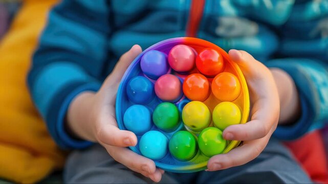 A child's hand reaching out to hold a rainbow-colored bowl filled with glass spheres.