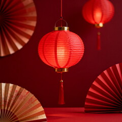 Red Chinese Lanterns with Paper Fans Decoration