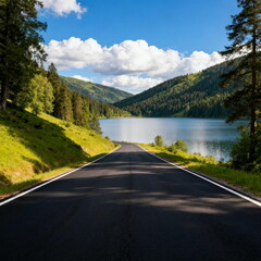 Scenic Road Along Serene Mountain Lake