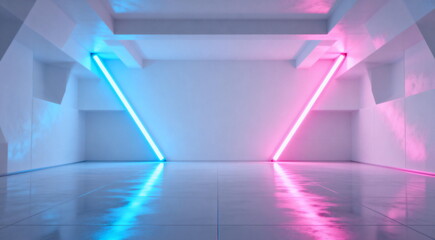 Minimalist Indoor Space with Neon Lights and Reflections