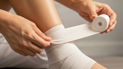 Individual Applying White Bandage to Lower Leg for Injury Treatment, Medical Care Blogs, Health Education, First Aid Resources, and Wellness Awareness