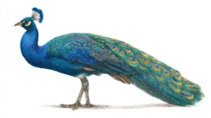 Fototapeta premium Elegant peacock illustration showcasing vibrant blue and green plumage against white