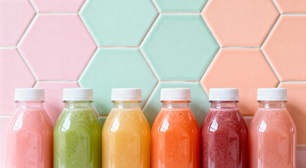 Assorted colorful fruit juices in bottles against hexagon tile background