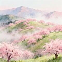 Misty Mountain Slope with Blossoming Cherry Trees