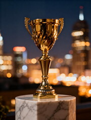 Golden Trophy on Marble Pedestal with City Lights