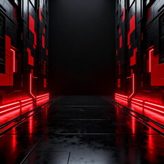 Futuristic Sci-Fi Cyberpunk Corridor with Red Neon