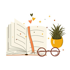 Book with reading glasses and potted plant. Cozy vector illustration