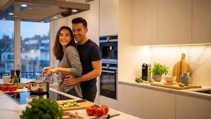 Happy couple cooking together in modern kitchen