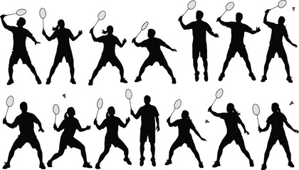 Set of Badminton Player Silhouettes in Action Poses Showing Smashing Serving and Jumping Movements Isolated on White Background Vector