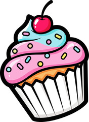 Delicious Cartoon Cupcake with Cherry and Sprinkles.
