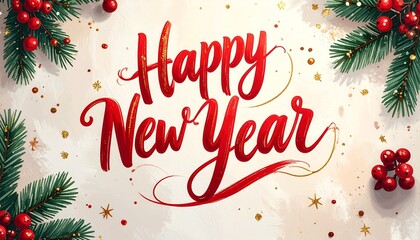 Elegant Happy New Year greeting card featuring red calligraphy lettering on a light background. Festive design with pine branches, red berries, and sparkling gold glitter stars. Holiday illustration.