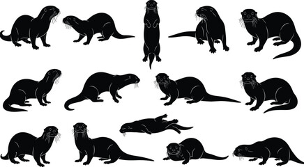 Set of Otter Silhouettes in Various Sitting Standing and Lying Poses Wild Aquatic Animal Collection Isolated on White Background Vector