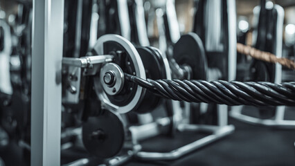 Closeup of a Professional Metal Cable Machine in a Modern Gym for Advanced Strength and Resistance Training
