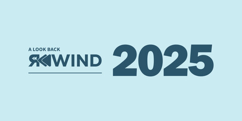 Modern “A Look Back Rewind 2025” typography in dark teal on light blue background, with stylized rewind icon and flowing year numbers, ideal for year-in-review videos, social media recaps, and present © bibin