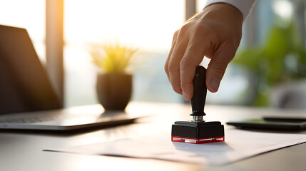 Hand holding black stamp applying to document office approval