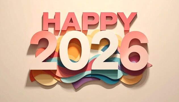 Happy 2026 New Year greeting card with 3D text. Colorful layered paper cut style numbers and letters on a pastel background. Modern design for holiday celebration, invitation, or banner concept. - Powered by Adobe