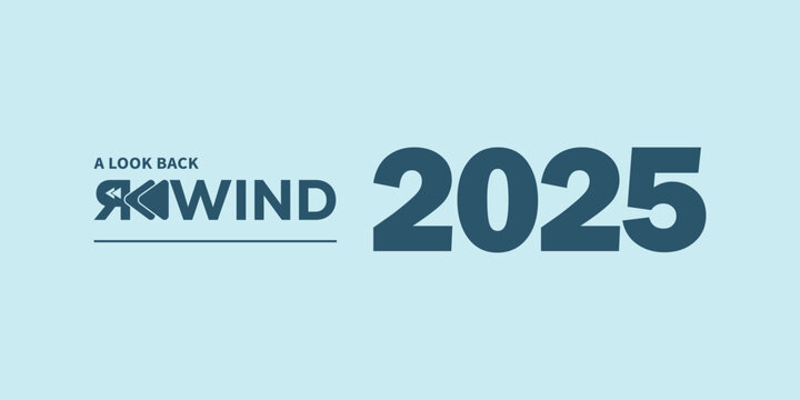 Modern &ldquo;A Look Back Rewind 2025&rdquo; typography in dark teal on light blue background, with stylized rewind icon and flowing year numbers, ideal for year-in-review videos, social media recaps, and present