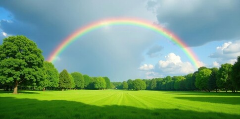 Naklejka premium Serene rainbow arc over lush green parkland, tranquil sky , countryside, park