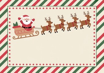 Fototapeta premium Cute cartoon santa claus riding a sleigh pulled by four reindeer across a festive striped border background for christmas holiday greeting card design