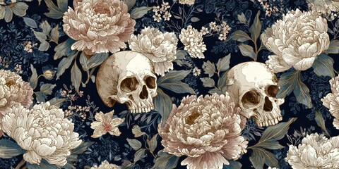 Floral pattern with skulls, pale pinks and creams on a dark background