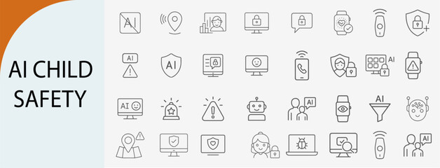 ai child safety and privacy icons, minimal line vector set
