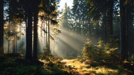 Fototapeta premium Sunbeams piercing through a dense forest canopy creating a magical atmosphere.