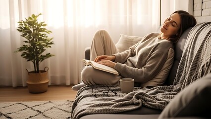 Woman relaxing on sofa with book and coffee