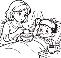 A happy mother and her children enjoy a healthy breakfast together at the kitchen table, featuring a cartoon vector illustration of a family eating a fun meal at home