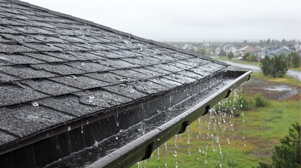 Rainwater flowing from rooftop shingles into gutter during storm, overcast sky and wet suburban landscape