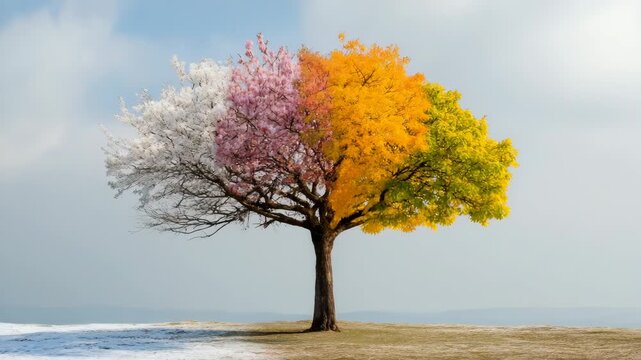 Stunning four-season tree showcasing vibrant colors of spring, summer, autumn, and winter