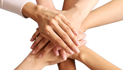 Diverse hands stacking together, symbolizing unity, teamwork, and strong support in a collaborative group