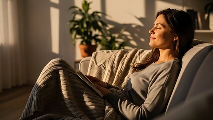Woman relaxing on sofa with book in a cozy living room