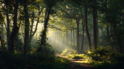Fototapeta premium Sunlight Streams Through Dense Forest Path Creating Ethereal Atmosphere.