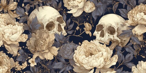Floral skull pattern, beige and cream flowers and dark leaves on a navy background