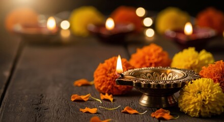 Classic Indian Brass Diya with Marigold Flowers &mdash; Traditional Diwali Festival Background with Copy Space