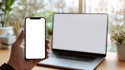 Hand holding smartphone near laptop with blank screens on wooden desk mobile