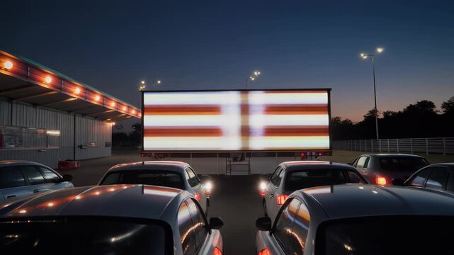 Cars parked at a drive-in movie theater for an evening show. Outdoor cinema experience with a large illuminated screen under the night sky. Nostalgic summer entertainment