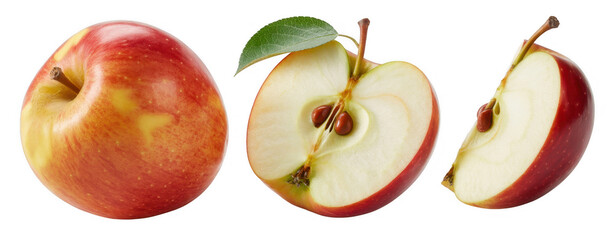 Red apples with one sliced and halved sliced apple fruit isolated on a transparent background