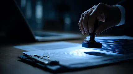 Hand holding stamp over documents papers clipboard