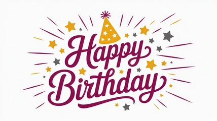 Happy birthday text design with stars and party hat illustration