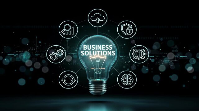 A glowing lightbulb with erp text surrounded by tech icons symbolizing innovation in sap software system and enterprise integration