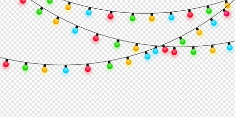 Bright glowing LED garlands with multi-color neon bulbs and vibrant holiday illumination isolated on transparent background. 
