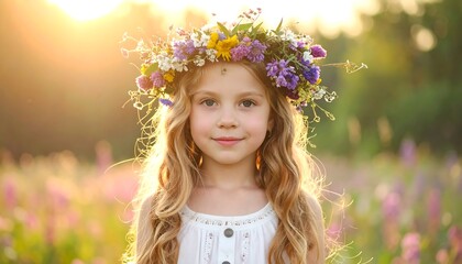 Fototapeta premium Smiling Girl with Flower Crown in Field.