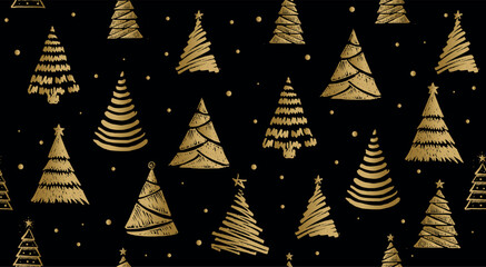 Christmas gold tree pattern on black hand drawn illustrations.